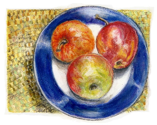 Äpfel auf weissem Teller mit blauem Rand